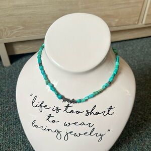 Genuine Natural Turquoise Abstract Shape Stone and Silver Detail Choker Necklace